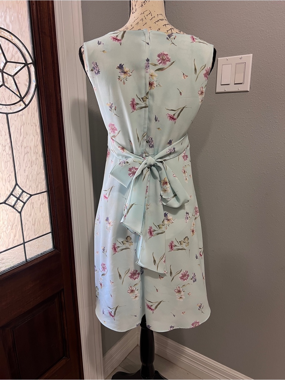 La Belle Vintage 90s Pastel Blue Floral Knee Length Dress Tie Back Bow 7 - Picture 5 of 12